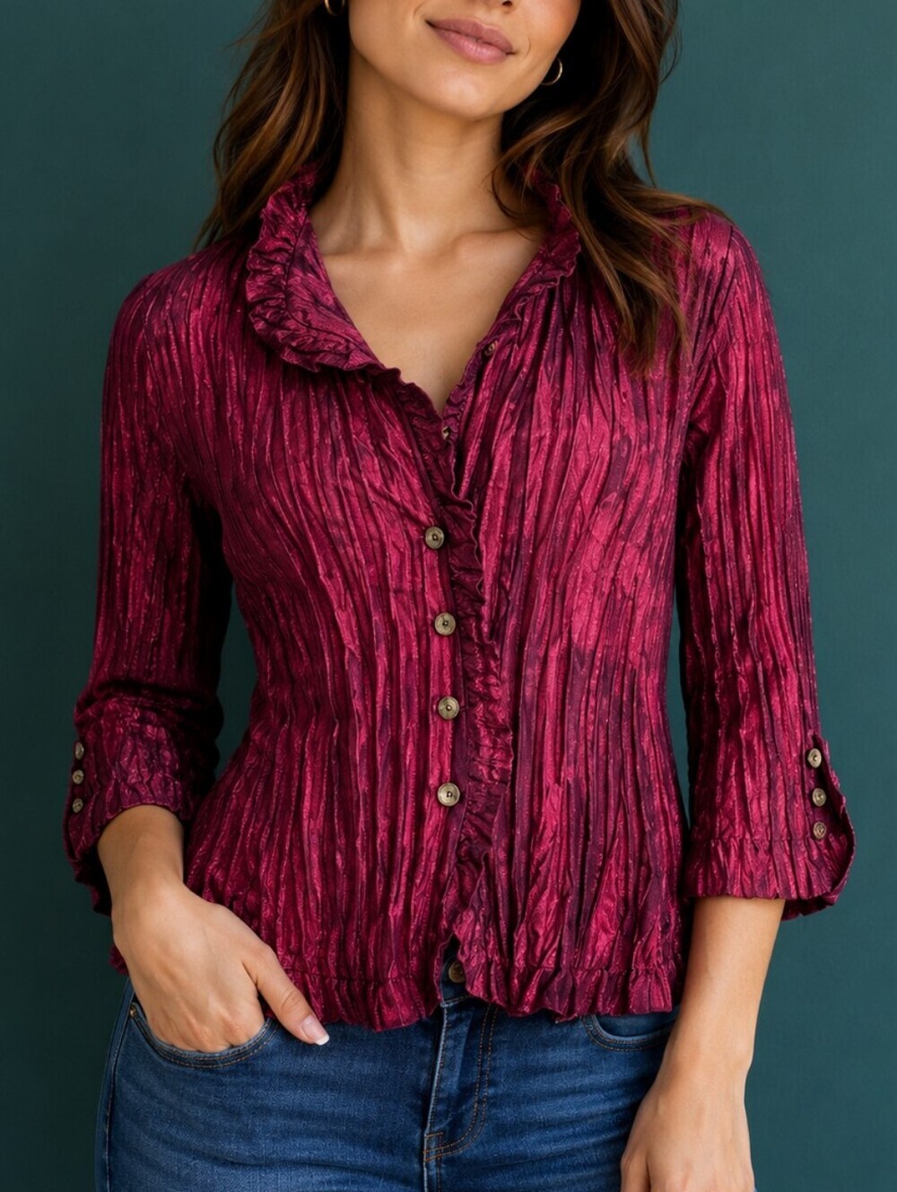 VTG AGORA Fuscia Metallic Crinkle Cropped Button Down Castlecore Shirt